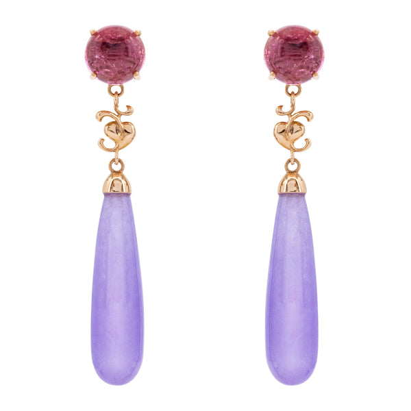 Aldusblatt Unikat Ohrschmuck, 2 Turmalin Pink, 2 Lavendel Jade, Rosegold