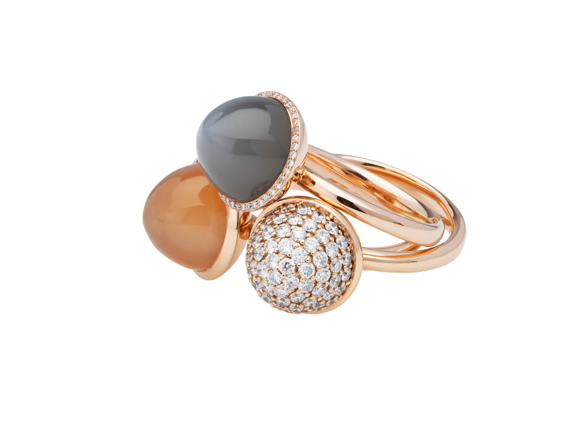 Ring Mondstein orange, grau, Ring mit Brillanten, gross, 10 mm, mit & ohne Brillanten, Rosegold