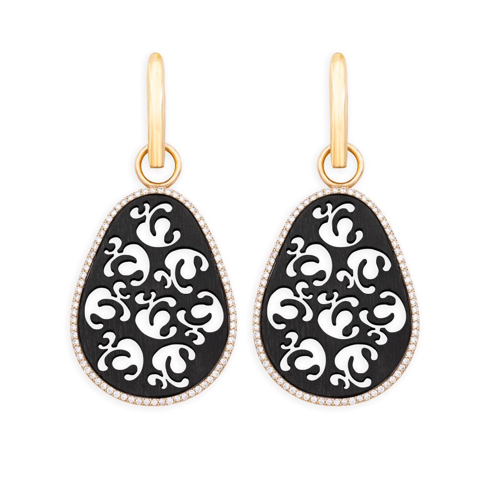 Aldusblatt cocktail earrings, black ebony, diamond wreath, hoop earrings without diamonds, yellow gold