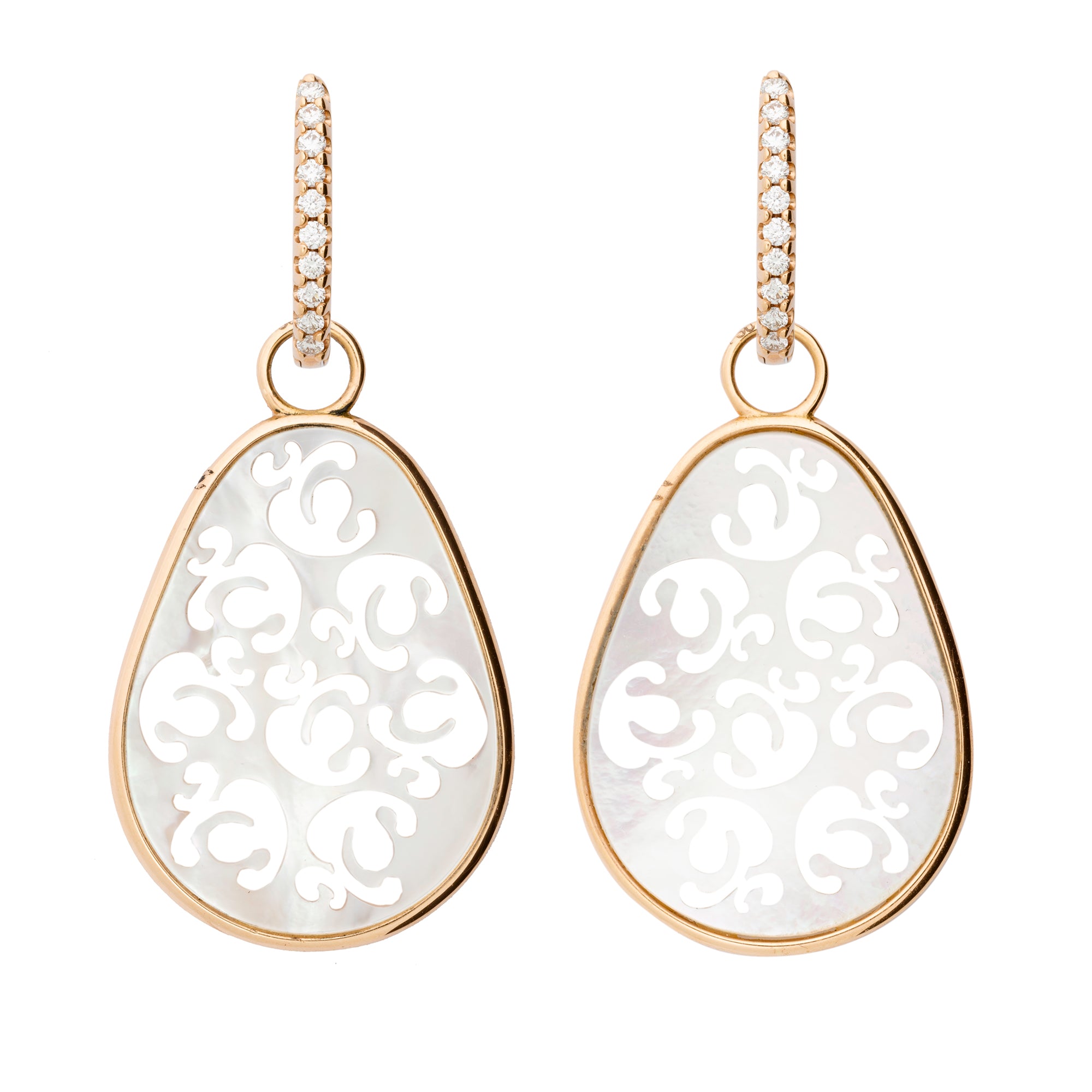 Aldusblatt cocktail earrings, mother-of-pearl, hoop earrings with diamonds, rose gold