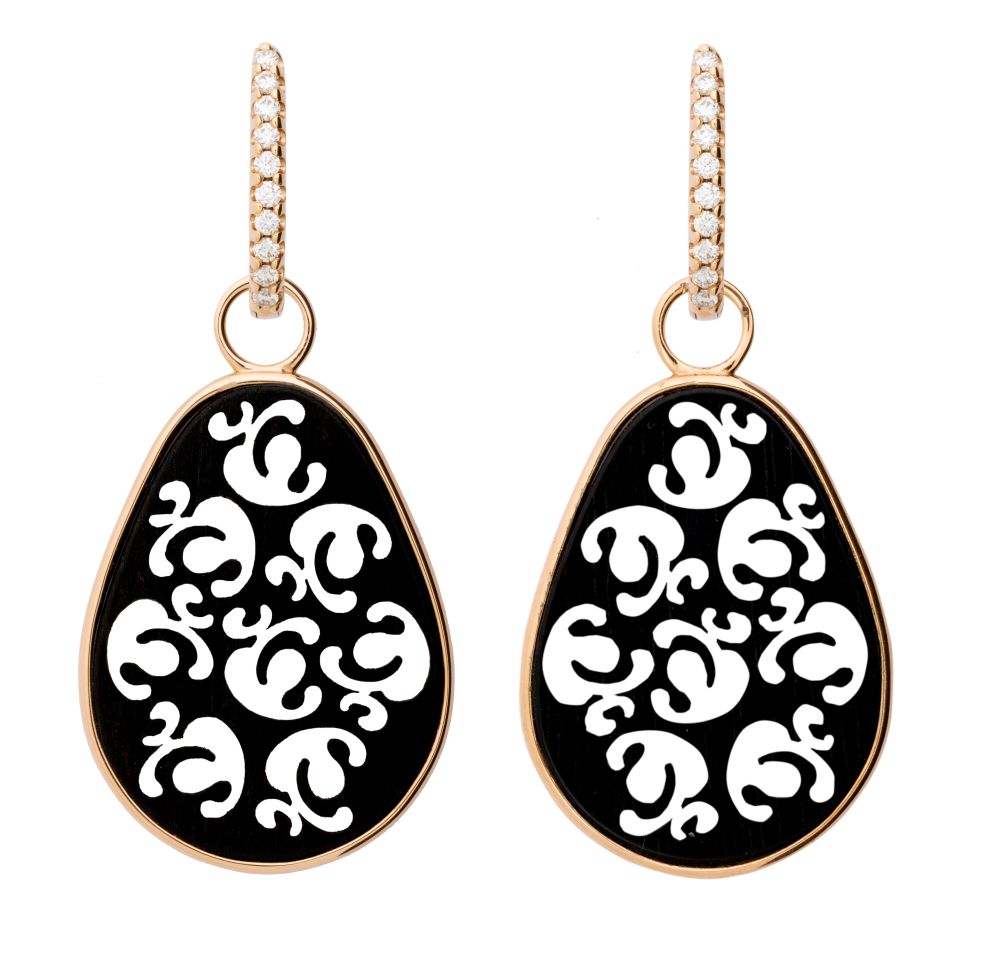 Aldusblatt Cocktail Ohrschmuck, Onyx, Creole mit Brillanten, Rosegold