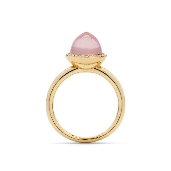 Rose quartz ring, small, 8 mm, diamonds, yellow gold