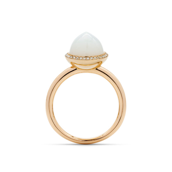 White moonstone ring, small, 8 mm, diamonds, rose gold
